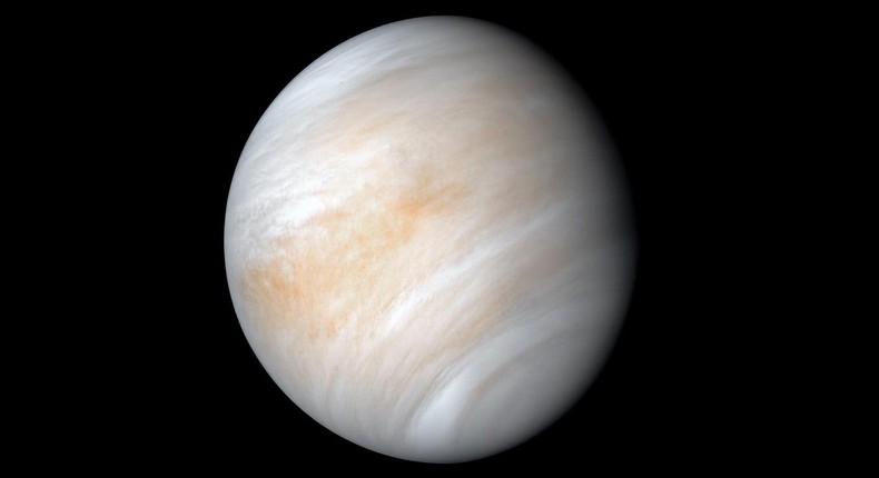 An image of Venus and its thick clouds taken by NASA's Mariner 10 mission during a planetary flyby maneuver on February 7 and 8, 1974.