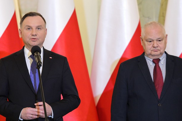 Prezydent Andrzej Duda i prezes NBP Adam Glapiński po spotkaniu z przedstawicielami instytucji finansowych, Warszawa, marzec, 2020 r.