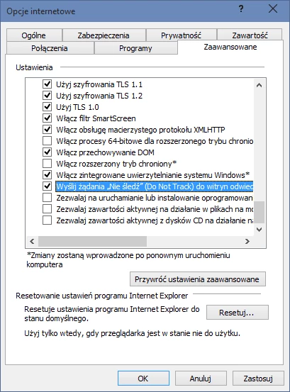 Do not track w IE można aktywować w Ustawienia/Opcje internetowe/Zaawansowane