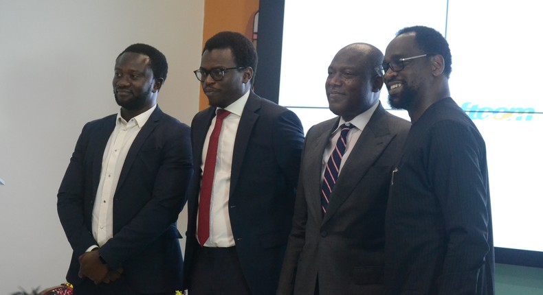 From left to right: Chief Executive Officer Softcom Limited, Yomi Adedeji; Chief Innovation Officer, Softcom Limited, Tomi Amao; Managing Director, Bank of Industry, Mr Olukayode Pitan; and Senior Special Assistant (SSA) to the President on Job creation, Mr Afolabi Imoukhuede, at the Softcom Conference on the role of technology in combating poverty and driving social change.