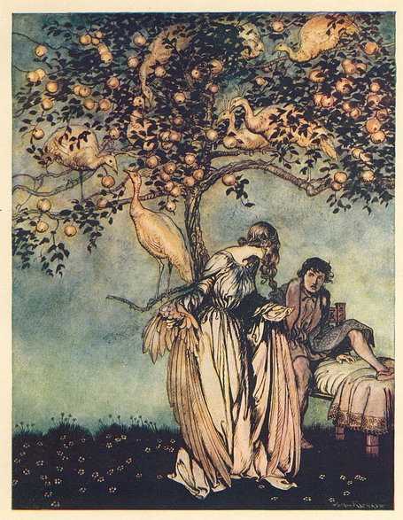  „Dziewięć pawic i złote jabłka” (The Nine Peahens and the Golden Apples), (domena publiczna).
