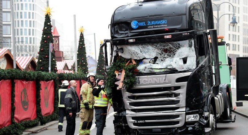 The truck that crashed into a Berlin Christmas market, killing at least 12 people, pictured on December 20, 2016