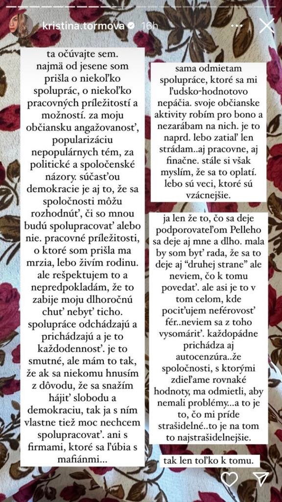 Herečka Kristína Tormová reagovala na zrušenie spoluprác.