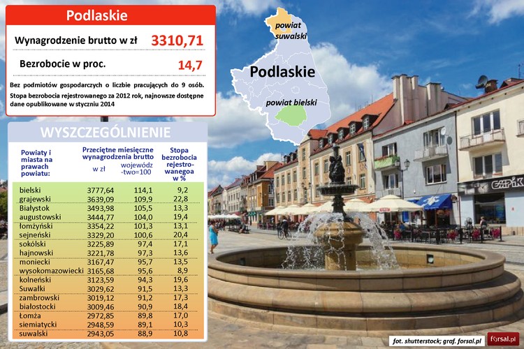 Na Podlasiu średnia pensja wynosi 3310 zł brutto. Wyjątkowo, stolica województwa nie oferuje najwyższej pensji. W Białymstoku pensja sięga 3493 zł, a w powiecie bielskim - 3777 zł i tylko tu przekracza o włos średnią krajową. Najniższe wynagrodzenie notuje się w powiecie suwalskim, statystyczny pracownik dostanie jedynie 2943 zł brutto. Podobnie jest w powiecie w siemiatyckim – 2948 zł i łomżyńskim – 2972 zł. Majątku nie zbiją także mieszkańcy polskiej stolicy zimna, w Suwałkach średnia pensja to 3029 zł brutto. 

IKEA otworzyła tu fabrykę w 2012 r., jednym z największych pracodawców jest Pronar Narew zatrudniający 1755 osób. Liczą się też Mlekpol, British-American Tobacco Polska, Pfleiderer Grajewo, czy Auto Podlasie. 

Główne gałęzie przemysłu to sektor maszynowy, tekstylny, drzewny oraz rolno-spożywczy, w tym przetwórstwo mleka i tytoniu oraz produkcja alkoholu. Wzrasta także rola turystyki.