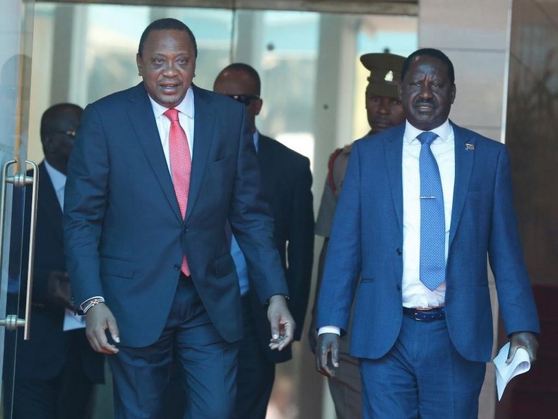 Former president Uhuru Kenyatta and Orange Democratic Movement (ODM) party leader Raila Odinga
