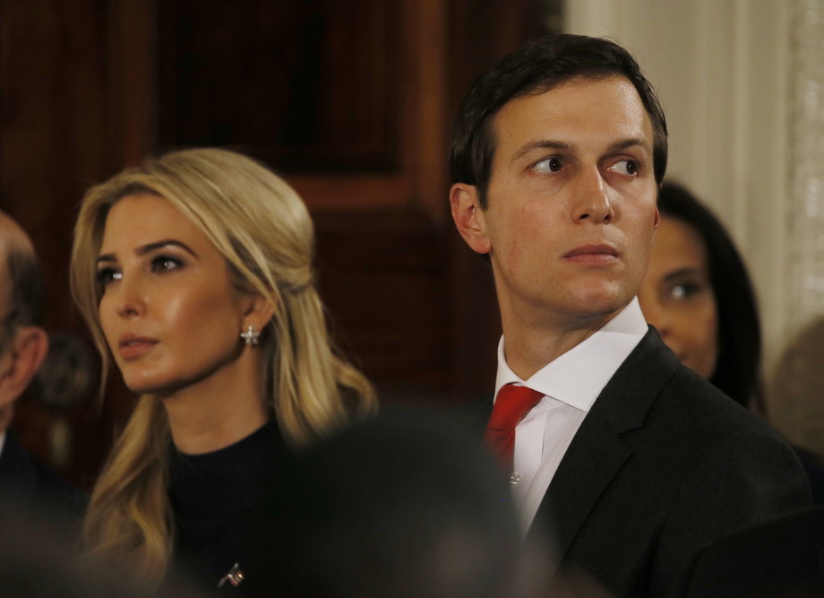 Ivanka Trump and her husband Jared Kushner watch as German Chancellor Angela Merkel and U.S. President Donald Trump hold a joint news conference in the East Room of the White House in Washington, U.S., March 17, 2017.