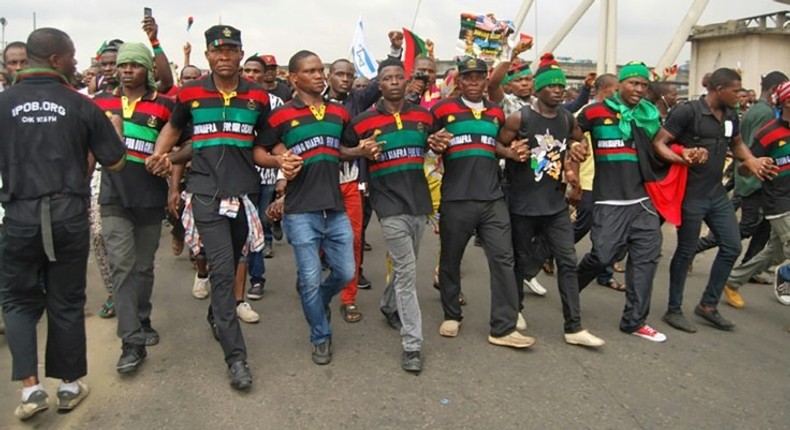 Supporters of the Indigenous People of Biafra (IPOB) march in Port Harcourt on January 20, 2017 in support of the US president-elect