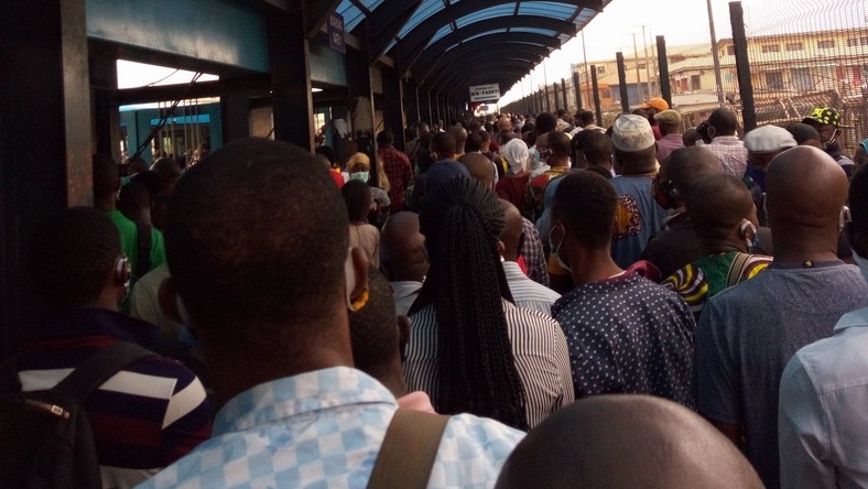 The government is unhappy with how Nigerians have reacted to a recent ease in restrictions. Pictured: Lagosians clustered at the Ikorodu BRT terminal on May 4, 2020 [Twitter/@tope_bisade]