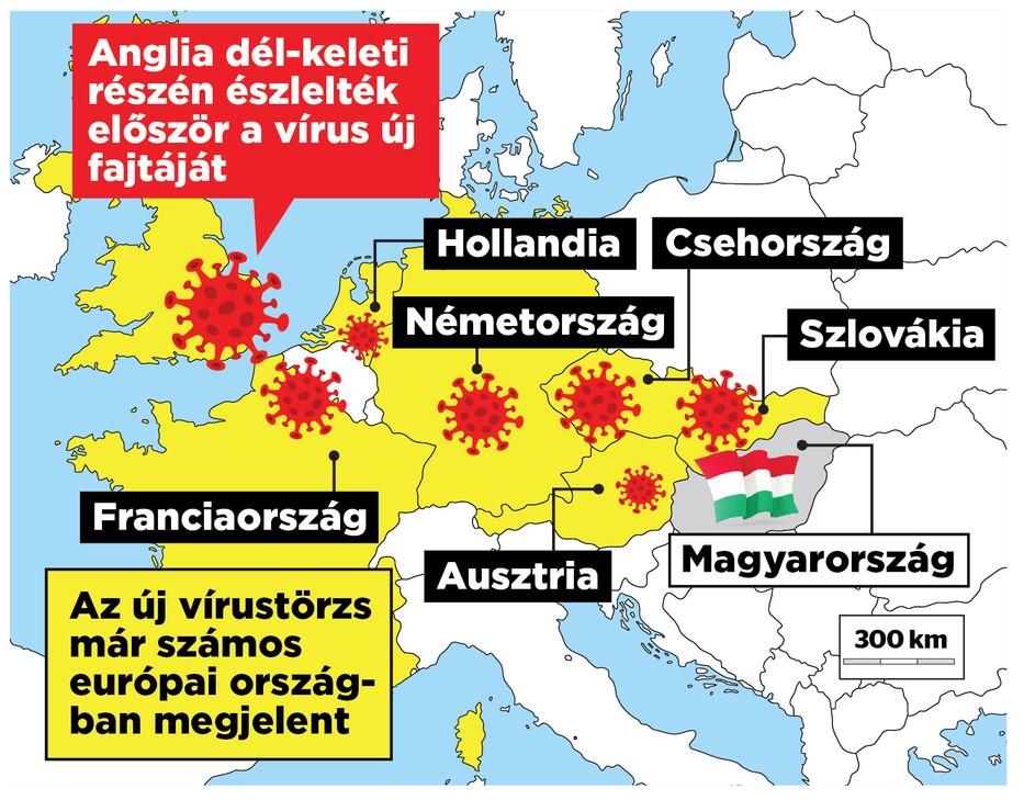 Európában is sok helyen, de világszerte már 33 országban bukkant fel a mutálódott koronavírustörzs, amely 70 százalékkal gyorsabban fertőz /Grafika: Séra Tamás