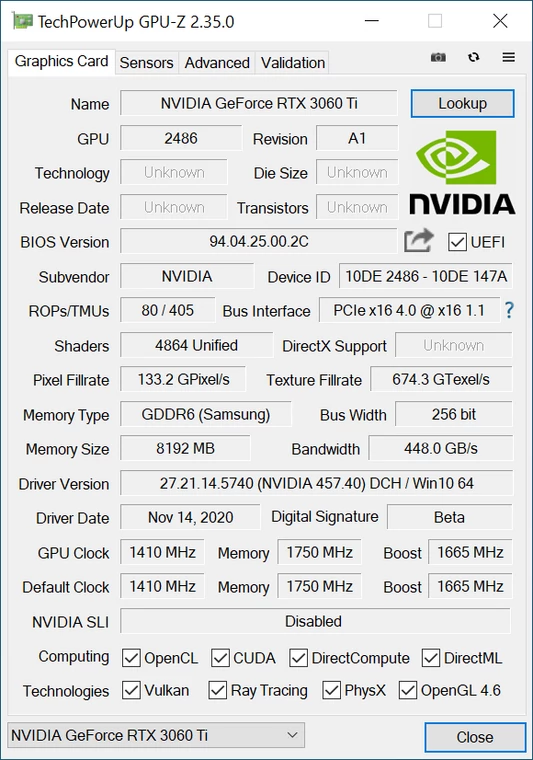 Nvidia GeForce RTX 3060 Ti FE – specyfikacja w GPU-Z