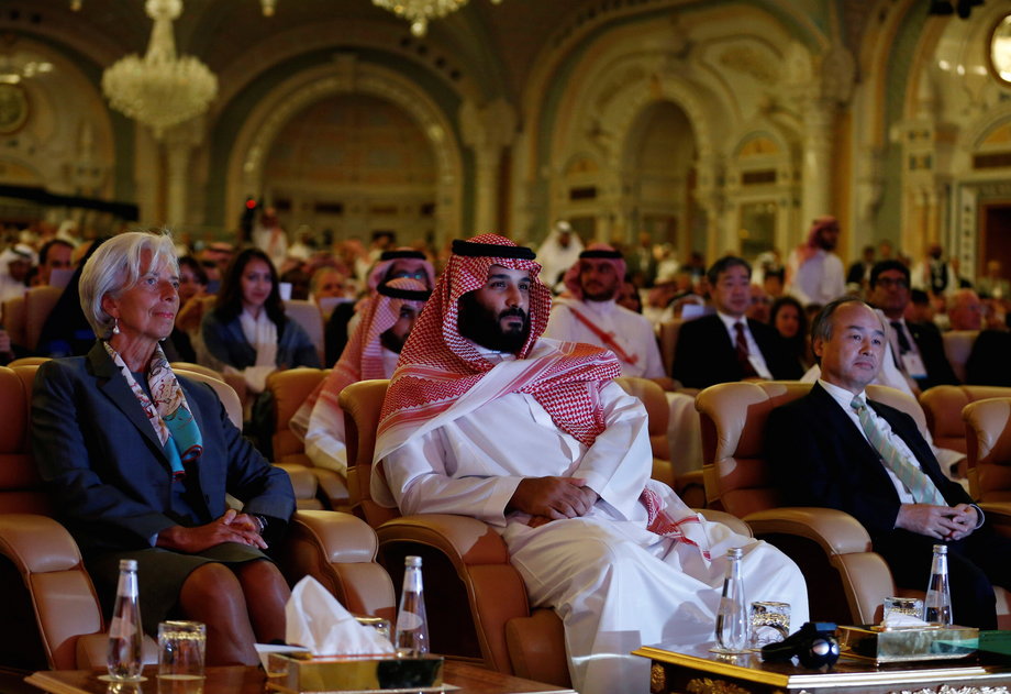 Saudi Crown Prince Mohammed bin Salman, Masayoshi Son, SoftBank Group Corp. Chairman and CEO, and Christine Lagarde, International Monetary Fund (IMF) Managing Director, attend the Future Investment Initiative conference in Riyadh, Saudi Arabia October 24, 2017.