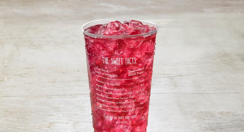 Panera's new cups highlight the fact that a 20-ounce soft drink contains 17.25 teaspoons of sugar.