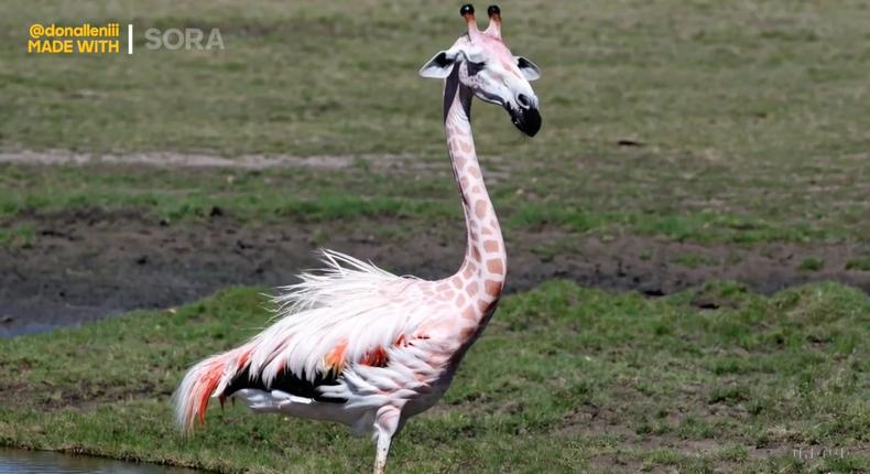 A cross between a giraffe and a flamingo is only one of the surreal images to come out of the first third-party Sora releases.@donalleniii via OpenAI Sora