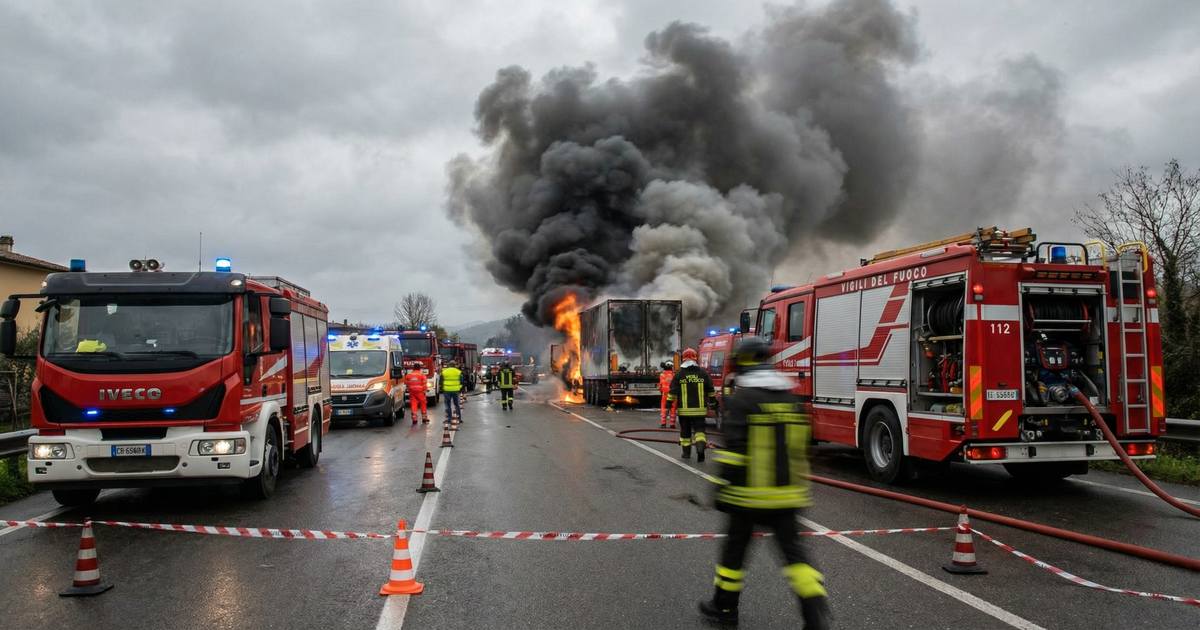 Camion con bombole di ossigeno in fiamme a Bibbiena: esplosioni in corso