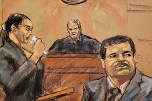 Andrea Velez, a former associate of Joaquin El Chapo Guzman, reads an impact statement in this court sketch during a sentencing hearing for Guzman in New York City