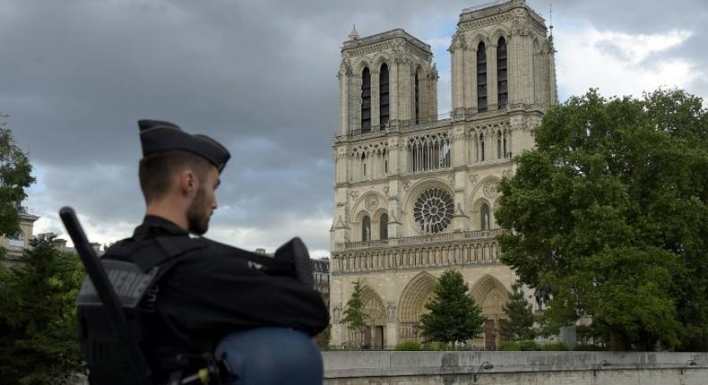 A French gendarme on duty at Notre Dame cathedral in Paris on June 6, 2017