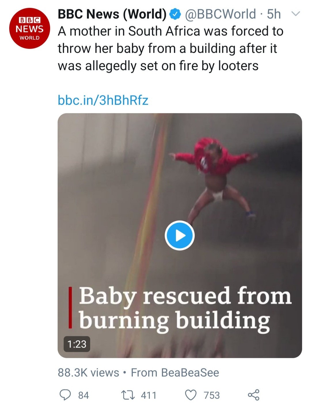 Heart-stopping moment a baby is thrown from burning story building in South Africa