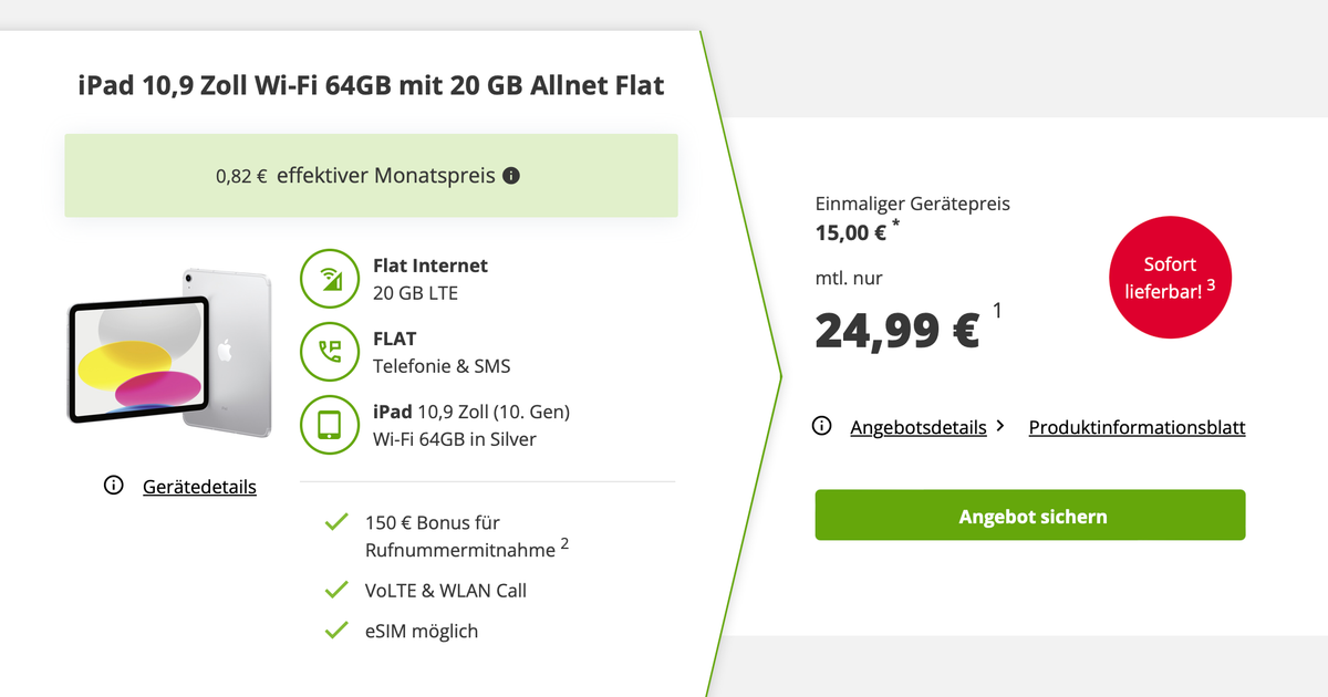 Apple hayranlarının dikkatine: Ayda bir euronun altında bir fiyata 20 GB sabit tarifeli iPad (10. nesil)