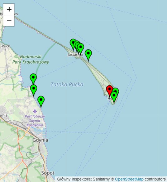 Czerwony punkt to "Mała plaża" - zamknięta z powodu sinic