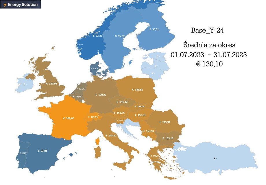 Średnie ceny energii elektrycznej na rynku hurtowym w kontraktach rocznych w lipcu 2023 r. 