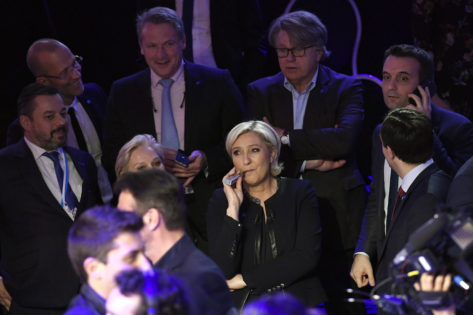 Marine Le Pen of French National Front (FN) waits prior to a prime-time televised debate for the candidates at French 2017 presidential election in La Plaine Saint-Denis, near Paris, France.