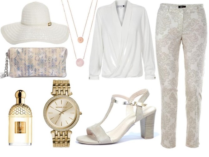 Spodnie – Midori/midori.pl, koszula – Jelonek/jelonekm.pl, buty – Caprice/caprice.pl, torebka – Boca/boca.pl, naszyjnik – Michael Kors, polyvore.com, zegarek –  Michael Kors, polyvore.com, perfumy – Guerlain/sephora.pl, kapelusz –  MELISSA ODABASH/polyvore.com