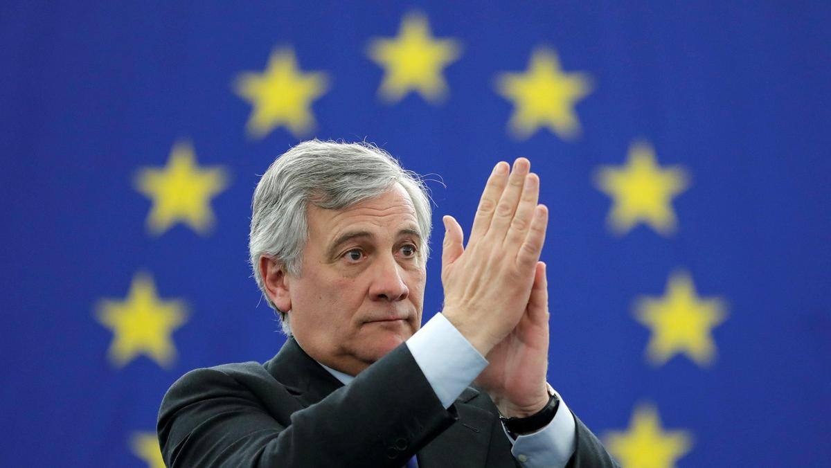 Newly elected European Parliament President Antonio Tajani reacts after the announcement of the resu