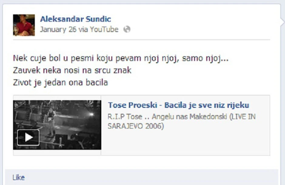 Poslednji post koji je ostavio na "Fejsbuku"