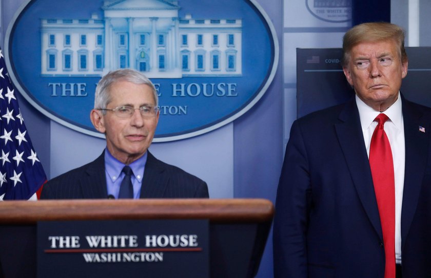 President Trump looks at Dr. Anthony Fauci as Fauci addresses the daily coronavirus response briefin