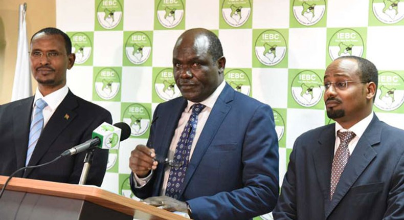 IEBC chairman Wafula Chebukati with Commissioners Abdi Guliye and Boya Molu