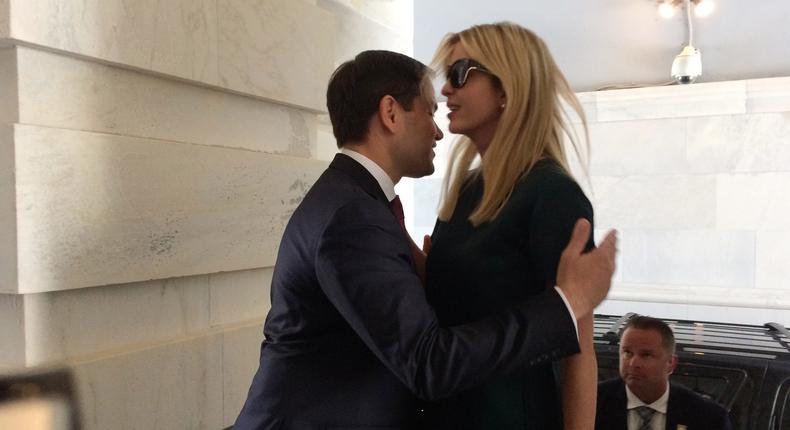 Ivanka Trump, daughter of President Donald Trump, is greeted by Sen. Marco Rubio, R-Fla., as she arrives at the Capitol to meet with lawmakers about parental leave, in Washington, Tuesday, June 20, 2017.