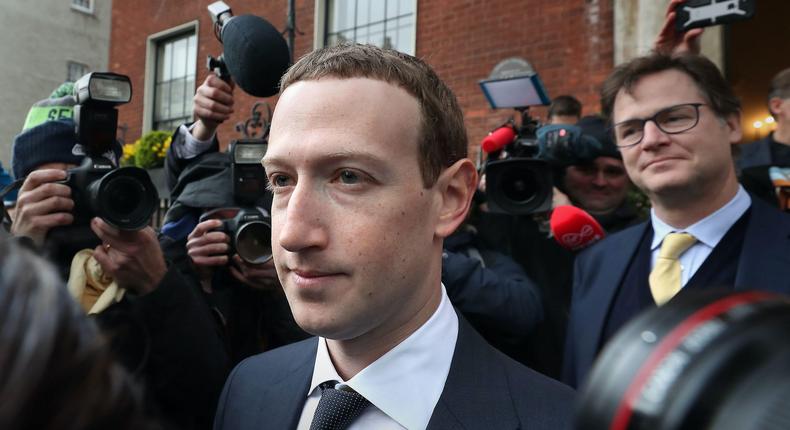 Facebook CEO Mark Zuckerberg leaving The Merrion Hotel in Dublin after a meeting with politicians to discuss regulation of social media and harmful content in April 2019.