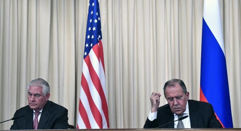 Russian Foreign Minister Sergei Lavrov (R) and US Secretary of State Rex Tillerson take part in a press conference after a meeting in Moscow on April 12, 2017