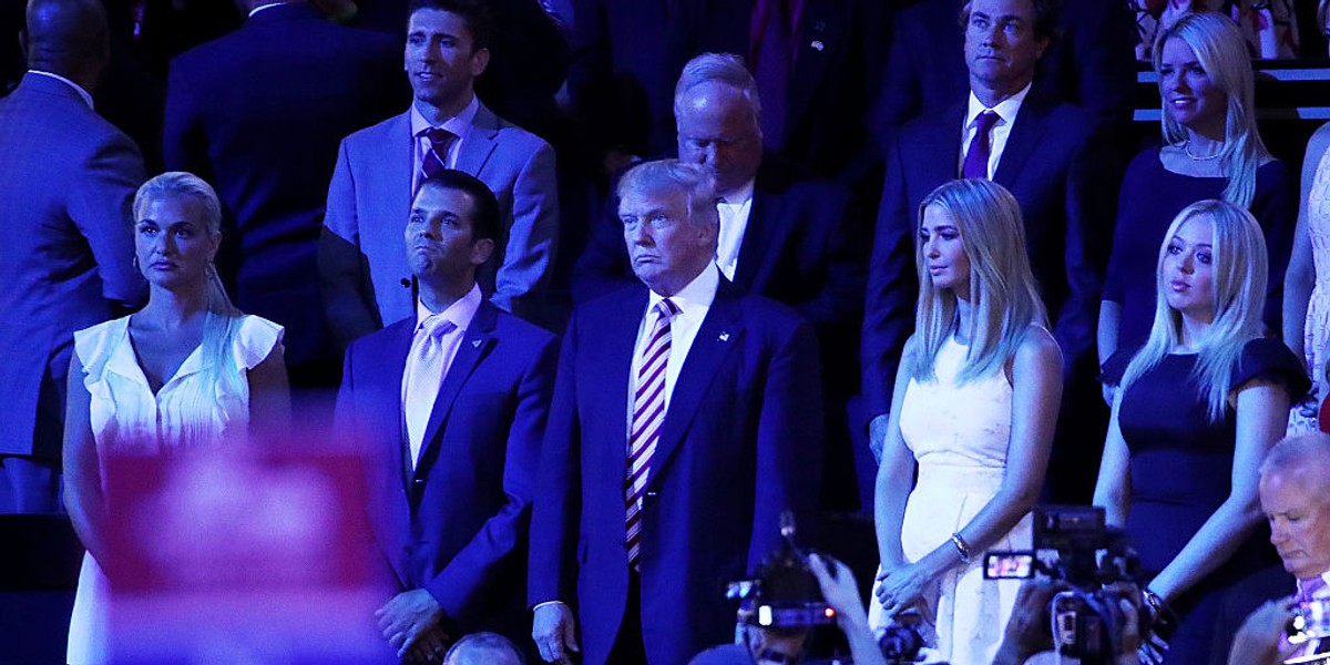 From left: Vanessa Trump, Donald Trump Jr., Republican presidential nominee Donald Trump, Ivanka Trump, and Tiffany Trump listening to Sen. Ted Cruz of Texas on Wednesday night at the Republican National Convention.