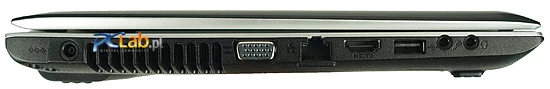Z lewej strony: gniazdo zasilające, D-Sub, LAN, HDMI, USB oraz złącza audio