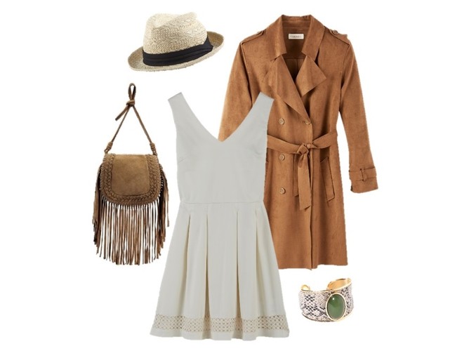 BOHO SAFARI: Płaszcz CAMAIEU 179,99ZŁ; Sukienka CAMAIEU 119,99ZŁ; Torebka CAMAIEU 169,99ZŁ; BRANSOLETKA CAMAIEU 29,99ZŁ