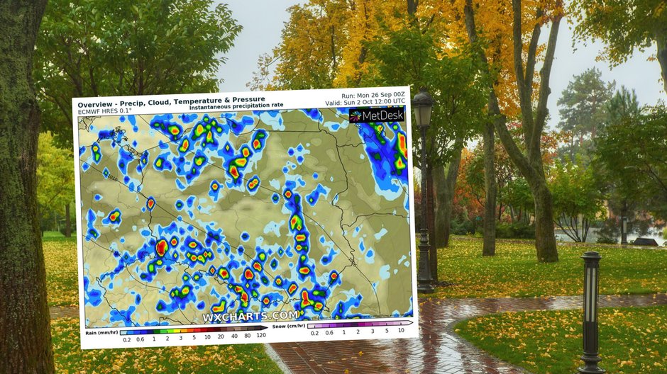 Przed nami niezbyt ciepły tydzień. Nie zabraknie też opadów (mapa: wxcharts.com)