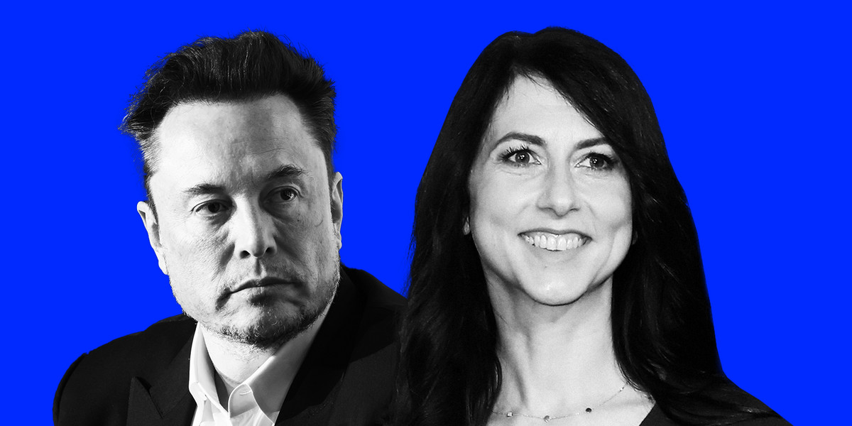 "Super bogate byłe żony, które nienawidzą swoich byłych małżonków" powinny być wymieniane wśród "powodów, dla których cywilizacja zachodnia umarła" — powiedział Elon Musk (po prawej) o byłej żonie Jeffa Bezosa, MacKenzie Scott (po lewej) w usuniętym już poście na X.