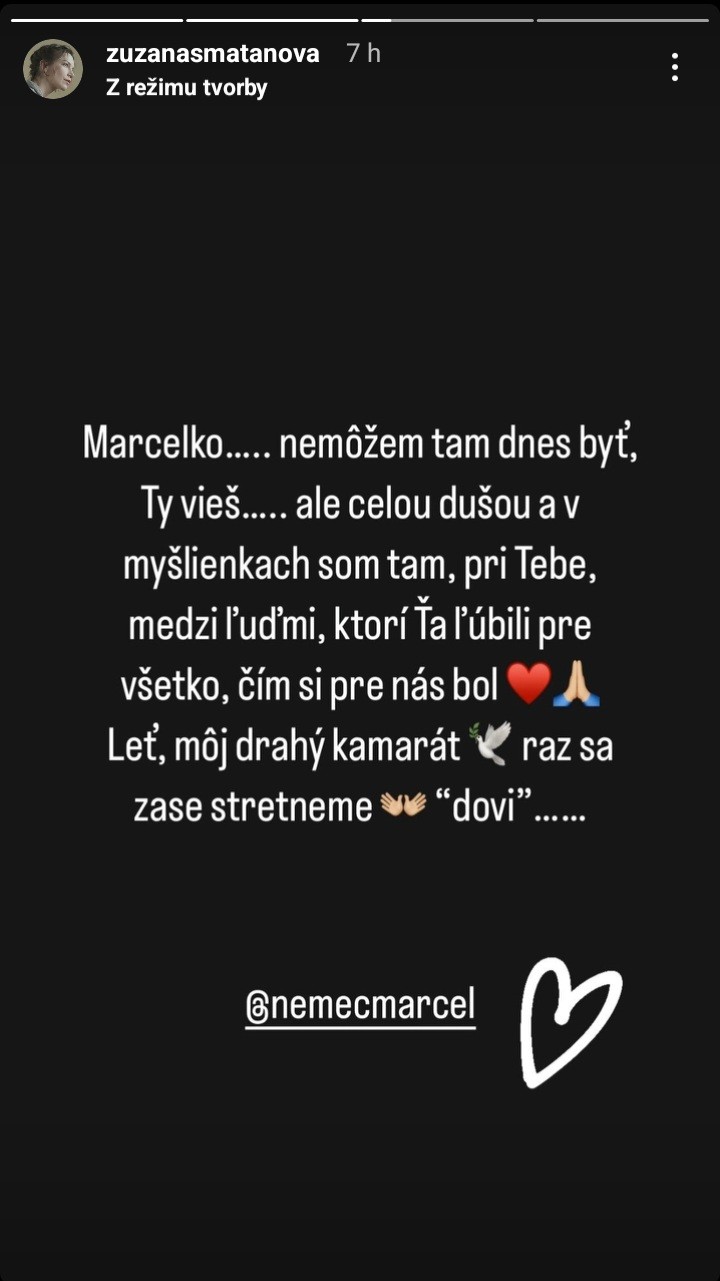Zuzana Smatanová nemohla prísť na pohreb Marcela Nemca, no v mysli bola s ním.