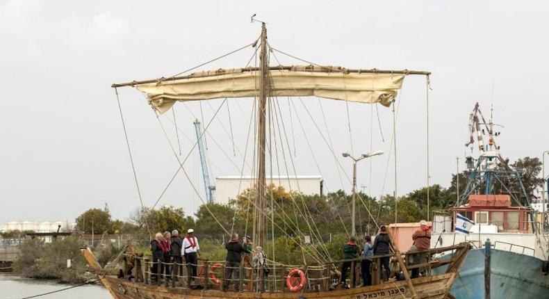 An identical replica of a 2,500 year-old Hellenic merchant ship during its launch ceremony in Haifa, Israel, on March 17, 2017