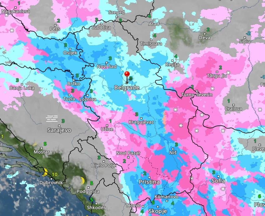 Kretanje kiše i snega u četvrtak u 1 čas