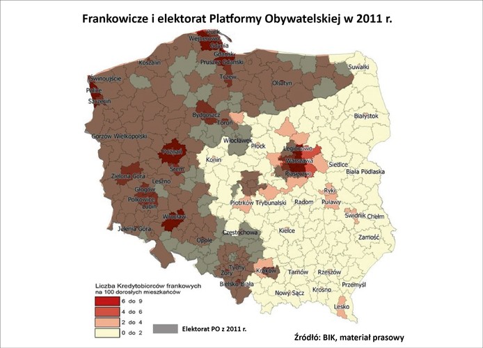 Porównując obie mapy widać, że w zdecydowanej większości obszar, gdzie w 2011 r. Platforma Obywatelska zwyciężyła, pokrywa się z obszarem, na którym liczba osób (na 100 mieszkańców) posiadających kredyt we franku szwajcarskim jest największa.