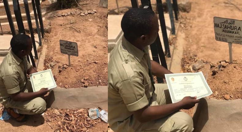 “She was chasing me to school - Graduate present certificate to late mum at cemetery (photos)