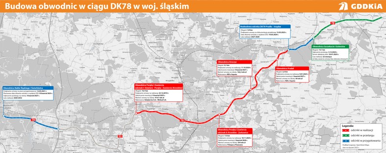 Przebieg nowej drogi krajowej DK78 między Siewierzem a Szczekocinami