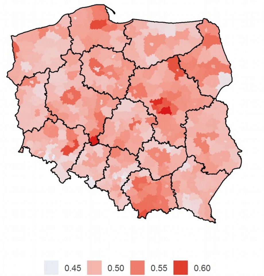 Współczynnik Giniego dochodu brutto w powiatach w Polsce