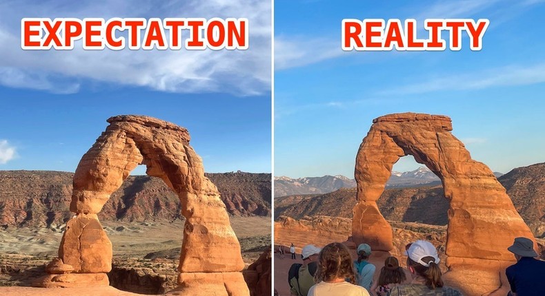 Side-by-side images show a crowdless and crowded scenes at Arches National Park.Monica Humphries/Insider