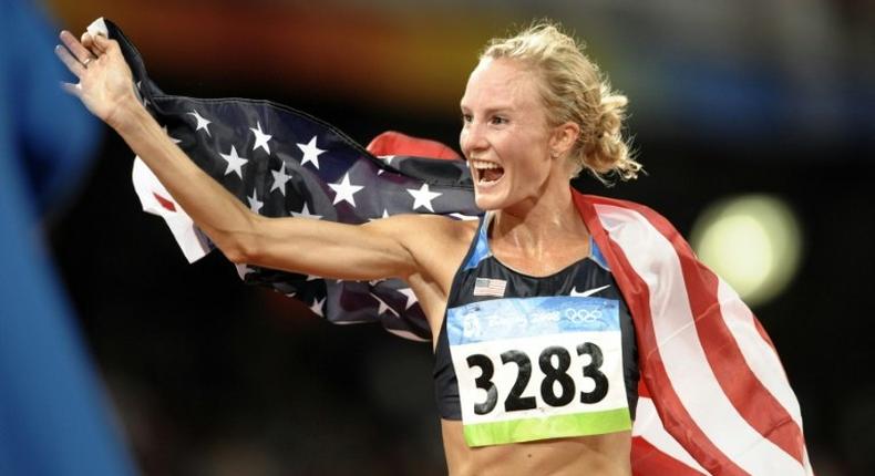 Shalane Flanagan of the US celebrates after the women's 10,000m race at the 2008 Beijing Olympic Games