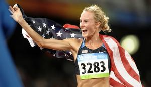 Shalane Flanagan of the US celebrates after the women's 10,000m race at the 2008 Beijing Olympic Games