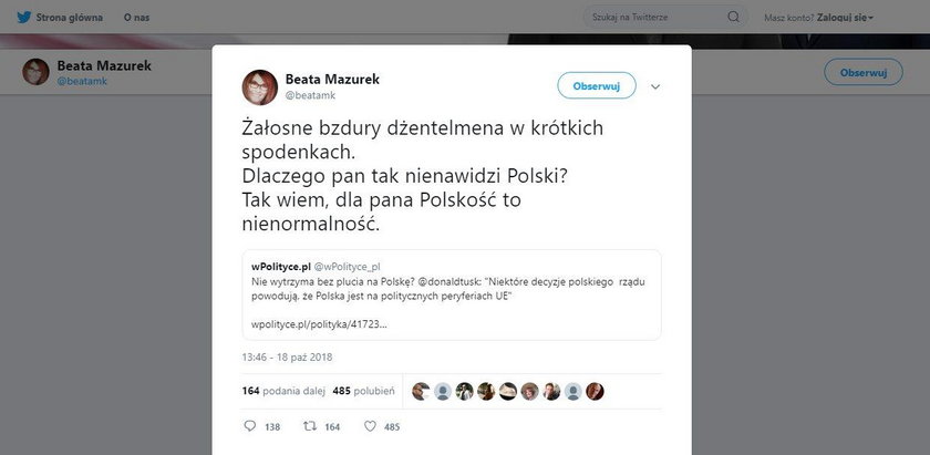 Mazurek drwi z Tuska. Pisze o krótkich spodenkach