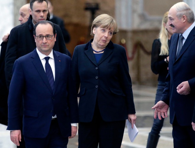 Francois Hollande, Angela Merkel, Aleksandr Łukaszenka w Mińsku
